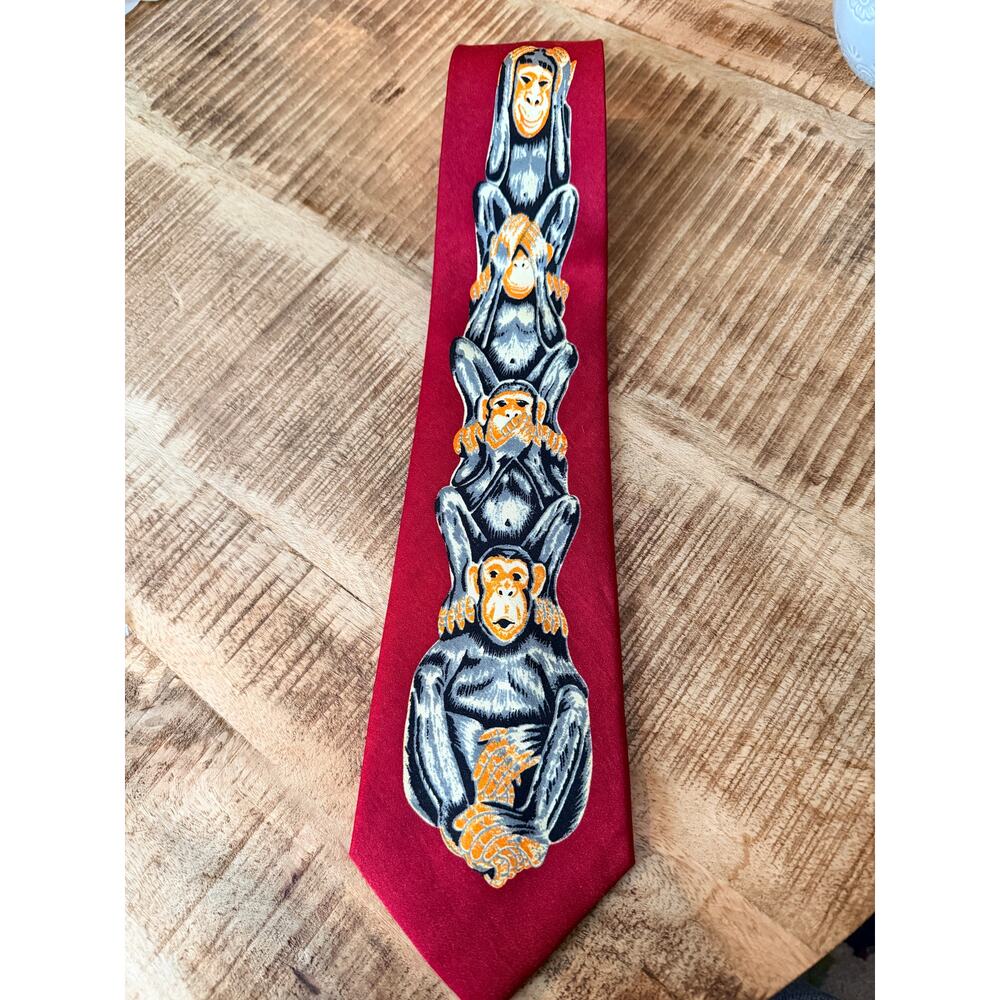 Kai Long Silk Tie‎ Red Three Wise Monkeys See Hear Speak Novelty